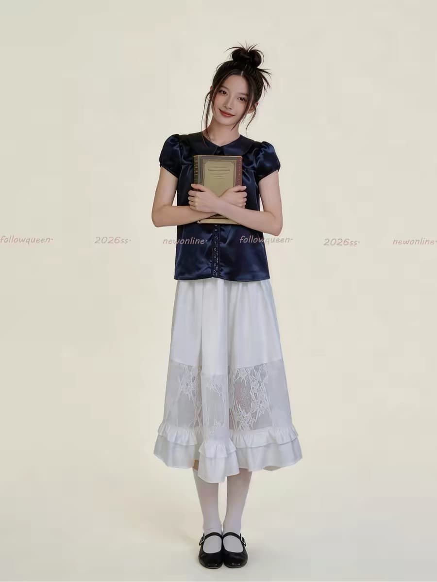soomie 한 부서 여름 무거운 작업 블루 색상 새틴 패치워크 베이비 칼라 레이스 반팔 거품 소매 맨위 여성 상세 이미지 16