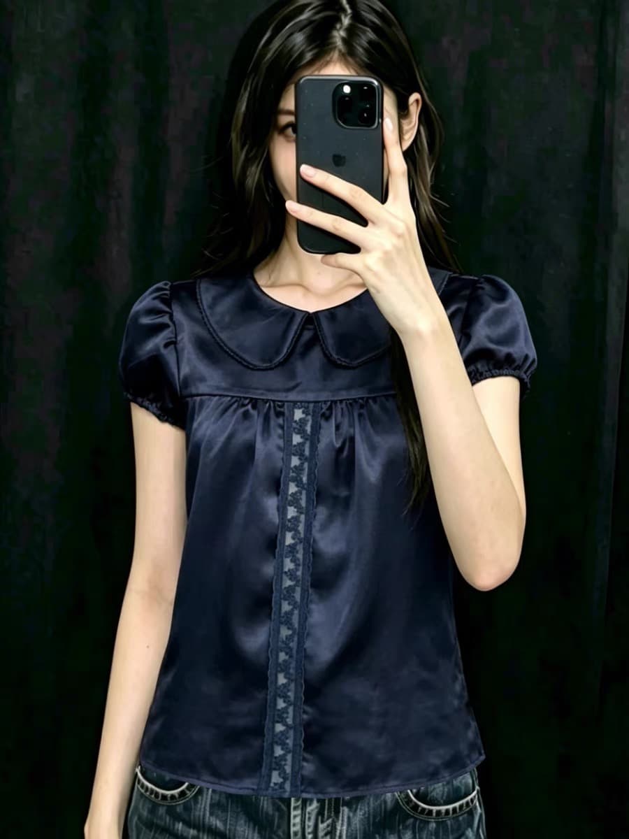 soomie 한 부서 여름 무거운 작업 블루 색상 새틴 패치워크 베이비 칼라 레이스 반팔 거품 소매 맨위 여성 상세 이미지 19