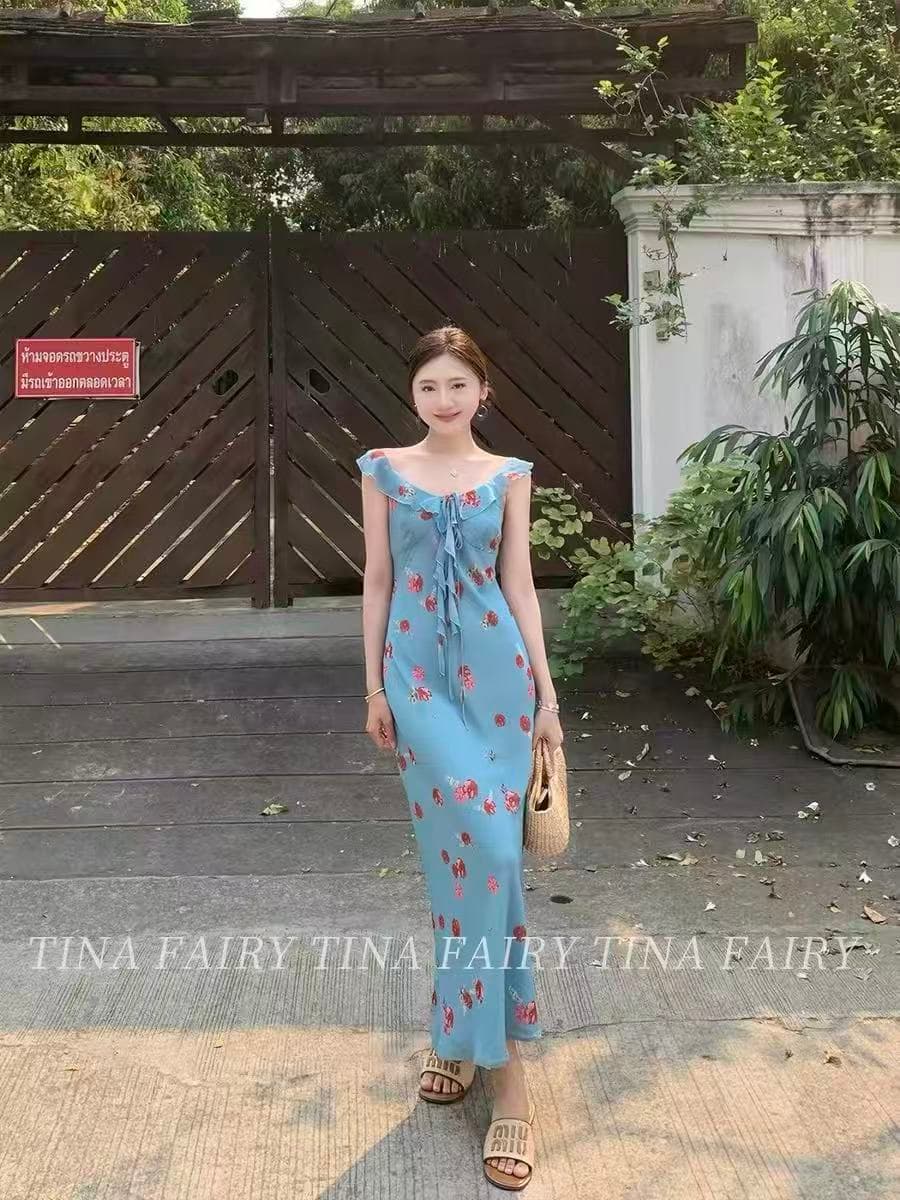 소중한 이웃 Mingyan 대 아름다움 고급 센스 레트로 파란색 꽃무늬 여성 드레스 여름 해변가 휴가 바람 롱 스커트 상세 이미지 4