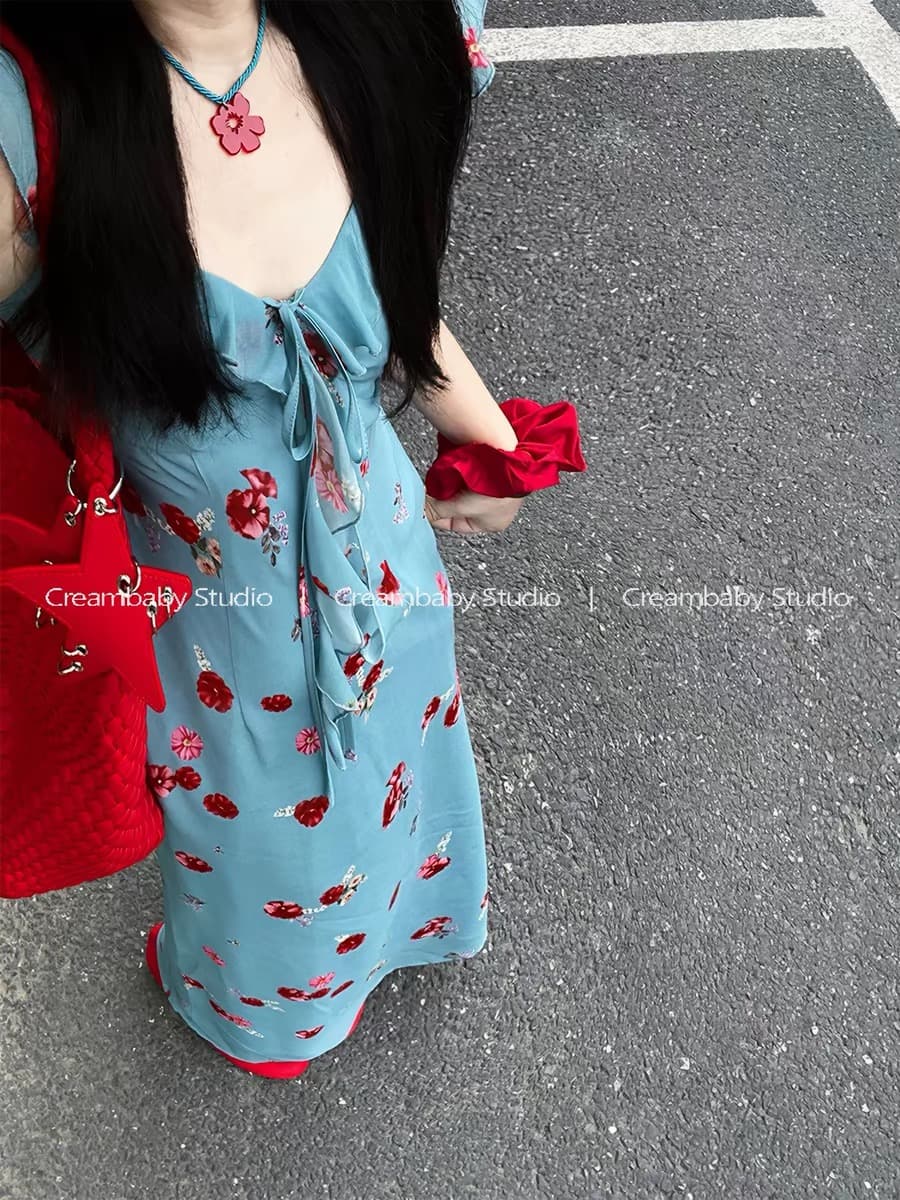 소중한 이웃 Mingyan 대 아름다움 고급 센스 레트로 파란색 꽃무늬 여성 드레스 여름 해변가 휴가 바람 롱 스커트 상세 이미지 9