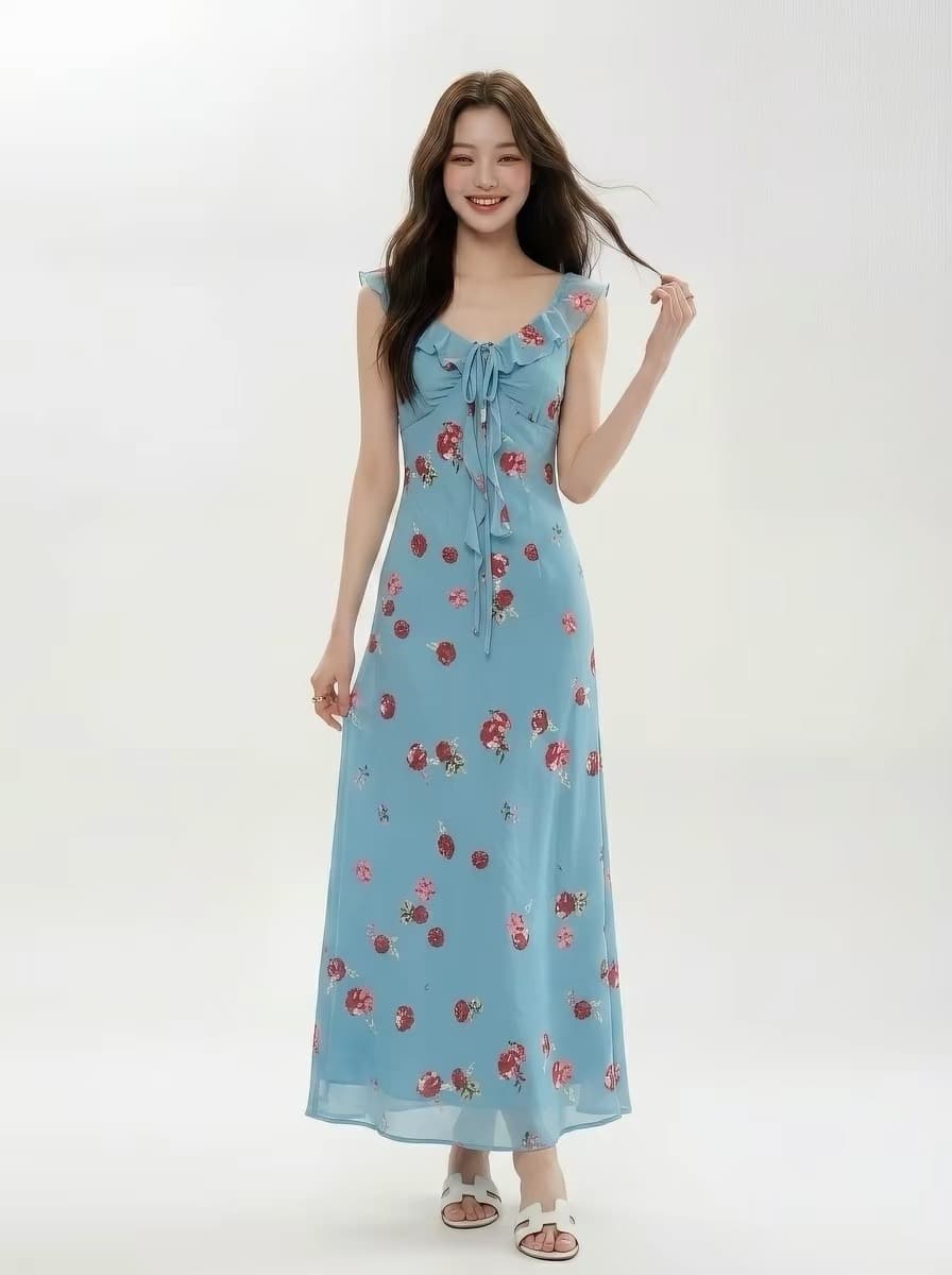 소중한 이웃 Mingyan 대 아름다움 고급 센스 레트로 파란색 꽃무늬 여성 드레스 여름 해변가 휴가 바람 롱 스커트 상세 이미지 16