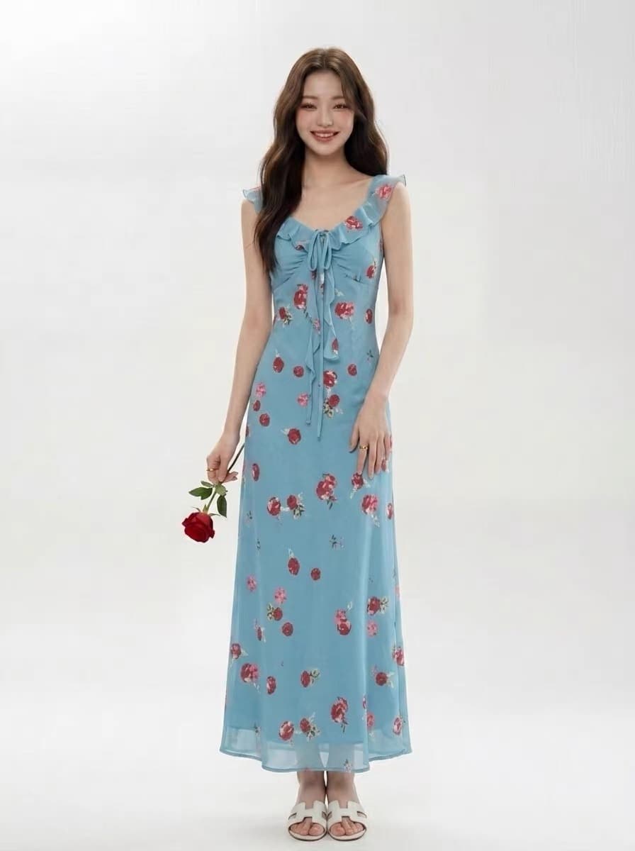 소중한 이웃 Mingyan 대 아름다움 고급 센스 레트로 파란색 꽃무늬 여성 드레스 여름 해변가 휴가 바람 롱 스커트 상세 이미지 18