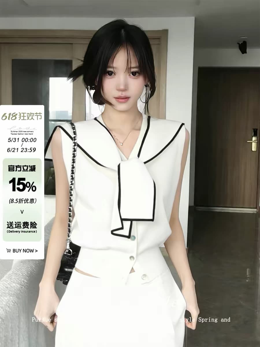 지금 재고 있음 해상 천 골드 해군 칼라 숄 민소매 작은 셔츠 여성 2026 여름 새로운 디자인 센스 니트 스웨터 상세 이미지 6
