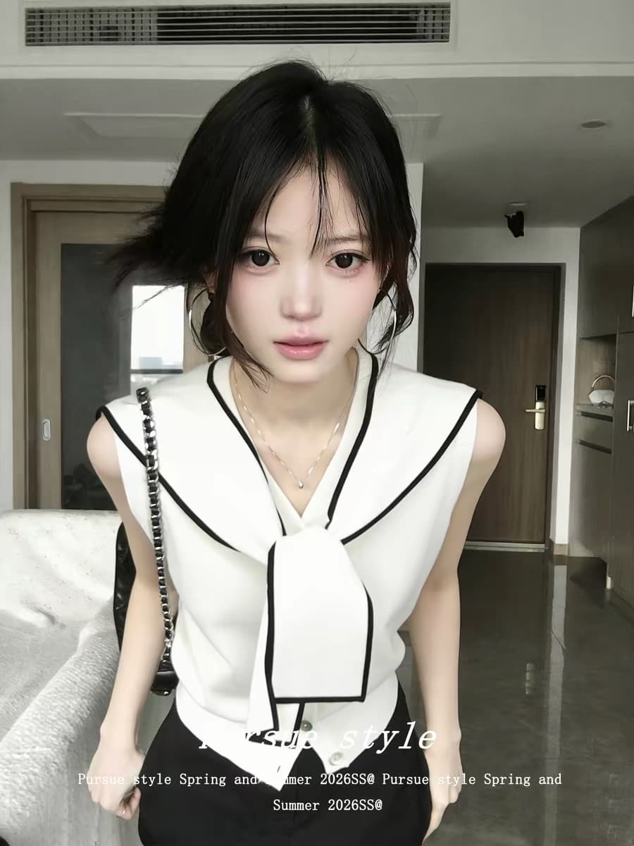 지금 재고 있음 해상 천 골드 해군 칼라 숄 민소매 작은 셔츠 여성 2026 여름 새로운 디자인 센스 니트 스웨터 상세 이미지 7