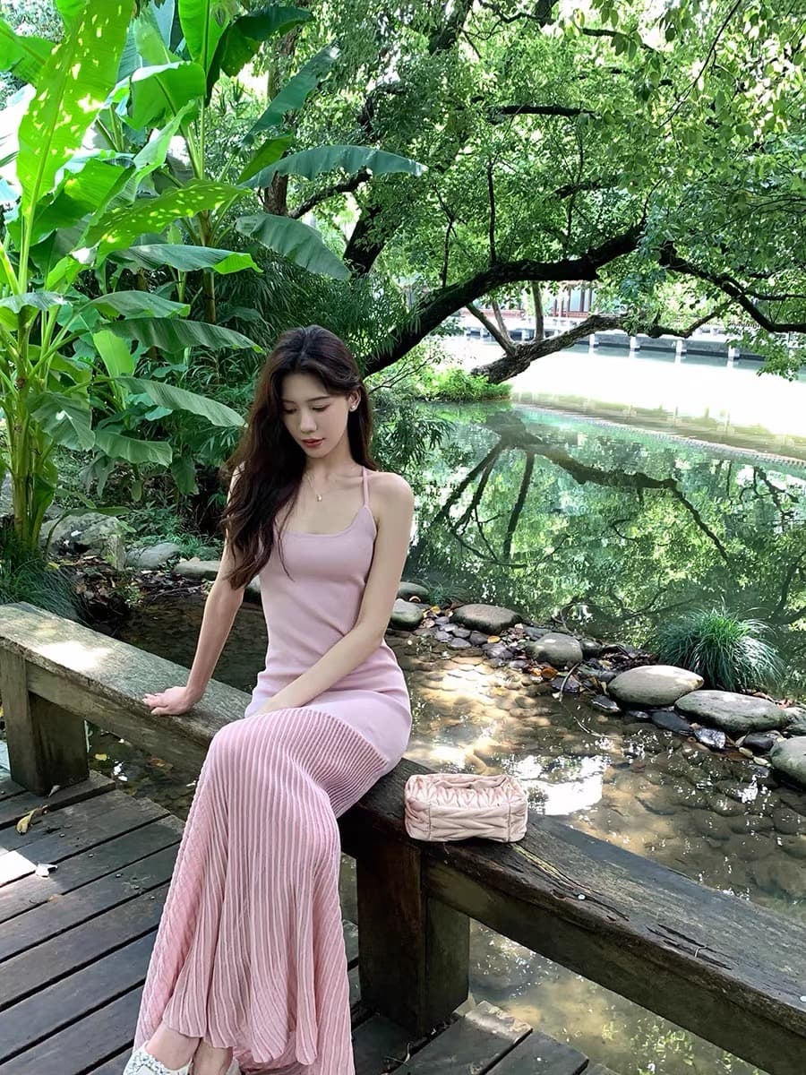 여름 프랑스식 순수한 욕망 바람 백리스 얼음 실크 니트 슬립 드레스 핑크색 조끼 롱 스커트 몸매 가꾸기 인어 꼬리 스커트 여성 상세 이미지 14
