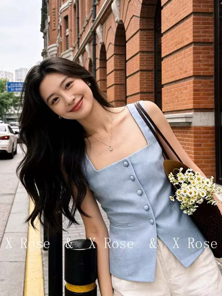 x rose 명문 여성 빛 럭셔리 고급 센스 파란색 정장 베스트 조끼 작은 대중 오프숄더 광장 칼라 단추 맨위 여성 상세 이미지 2