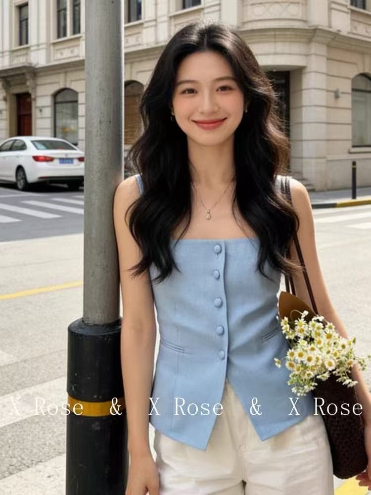 x rose 명문 여성 빛 럭셔리 고급 센스 파란색 정장 베스트 조끼 작은 대중 오프숄더 광장 칼라 단추 맨위 여성 상세 이미지 3