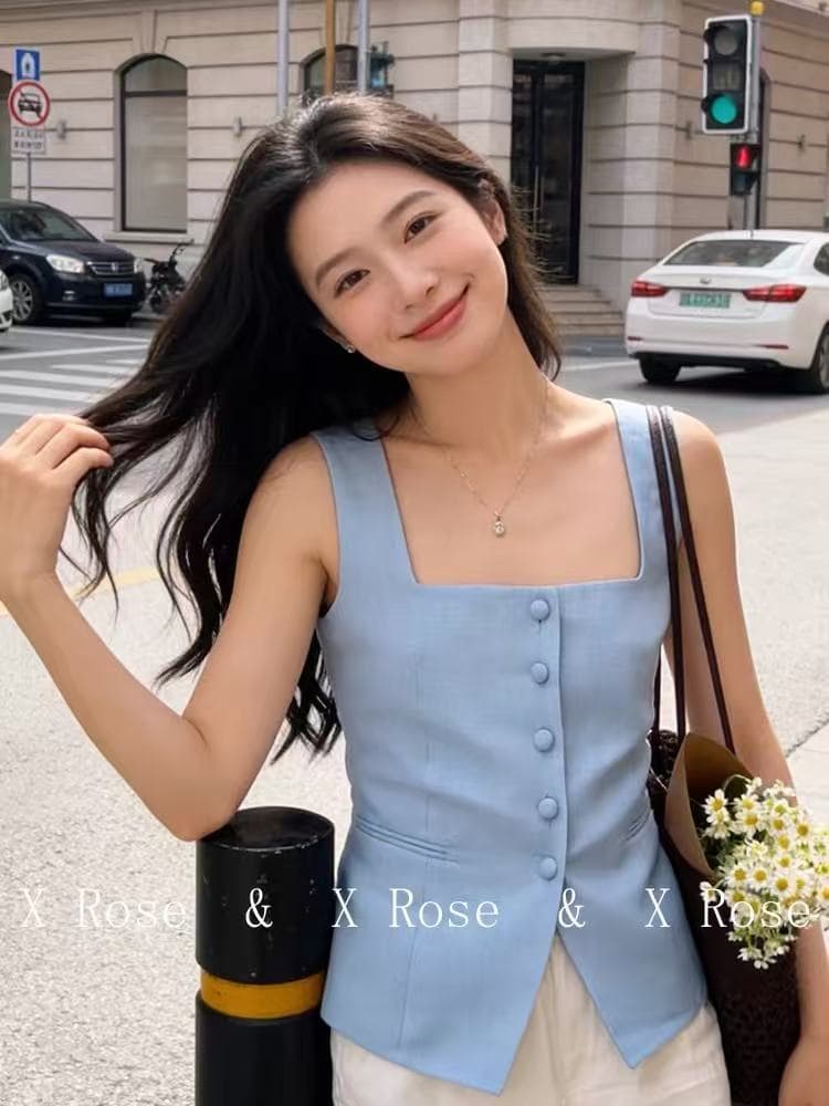x rose 명문 여성 빛 럭셔리 고급 센스 파란색 정장 베스트 조끼 작은 대중 오프숄더 광장 칼라 단추 맨위 여성 상세 이미지 4