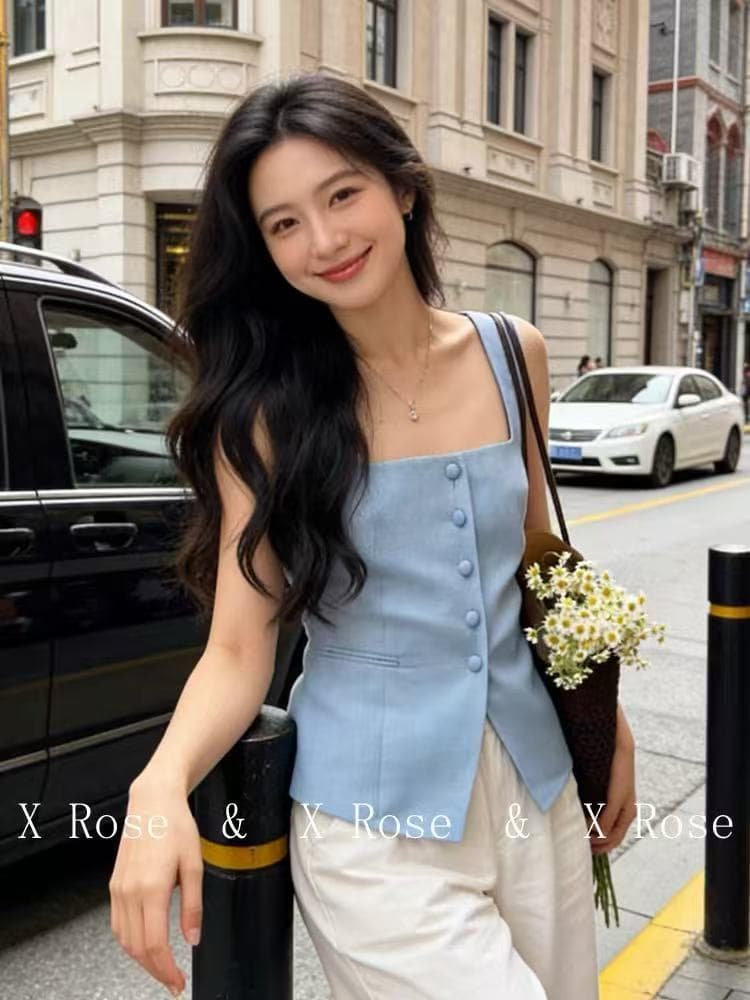 x rose 명문 여성 빛 럭셔리 고급 센스 파란색 정장 베스트 조끼 작은 대중 오프숄더 광장 칼라 단추 맨위 여성 상세 이미지 5
