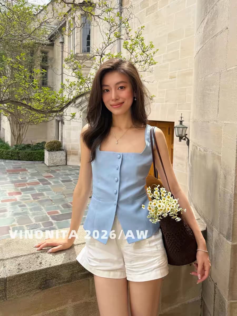 x rose 명문 여성 빛 럭셔리 고급 센스 파란색 정장 베스트 조끼 작은 대중 오프숄더 광장 칼라 단추 맨위 여성 상세 이미지 6
