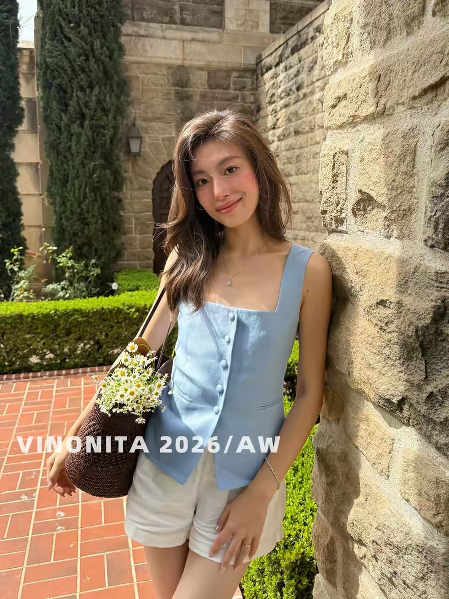 x rose 명문 여성 빛 럭셔리 고급 센스 파란색 정장 베스트 조끼 작은 대중 오프숄더 광장 칼라 단추 맨위 여성 상세 이미지 8