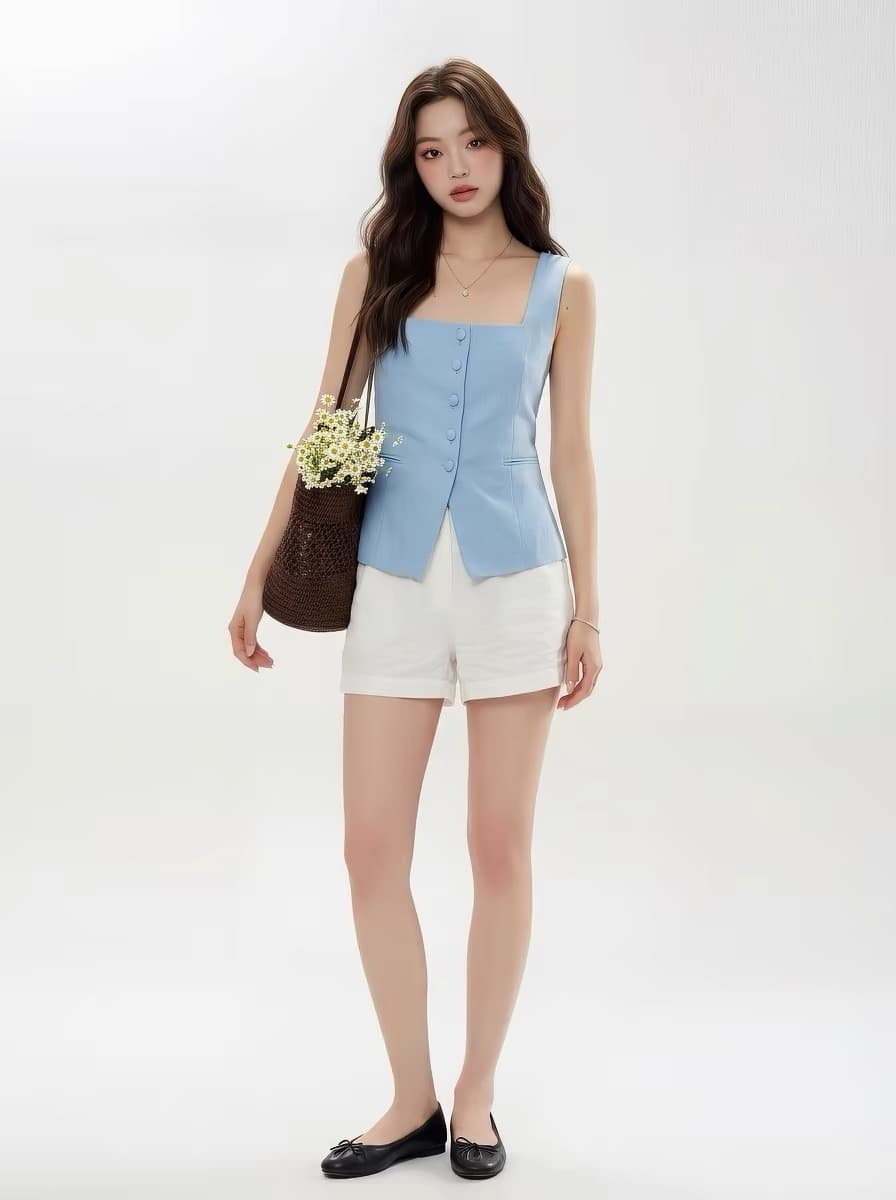 x rose 명문 여성 빛 럭셔리 고급 센스 파란색 정장 베스트 조끼 작은 대중 오프숄더 광장 칼라 단추 맨위 여성 상세 이미지 11