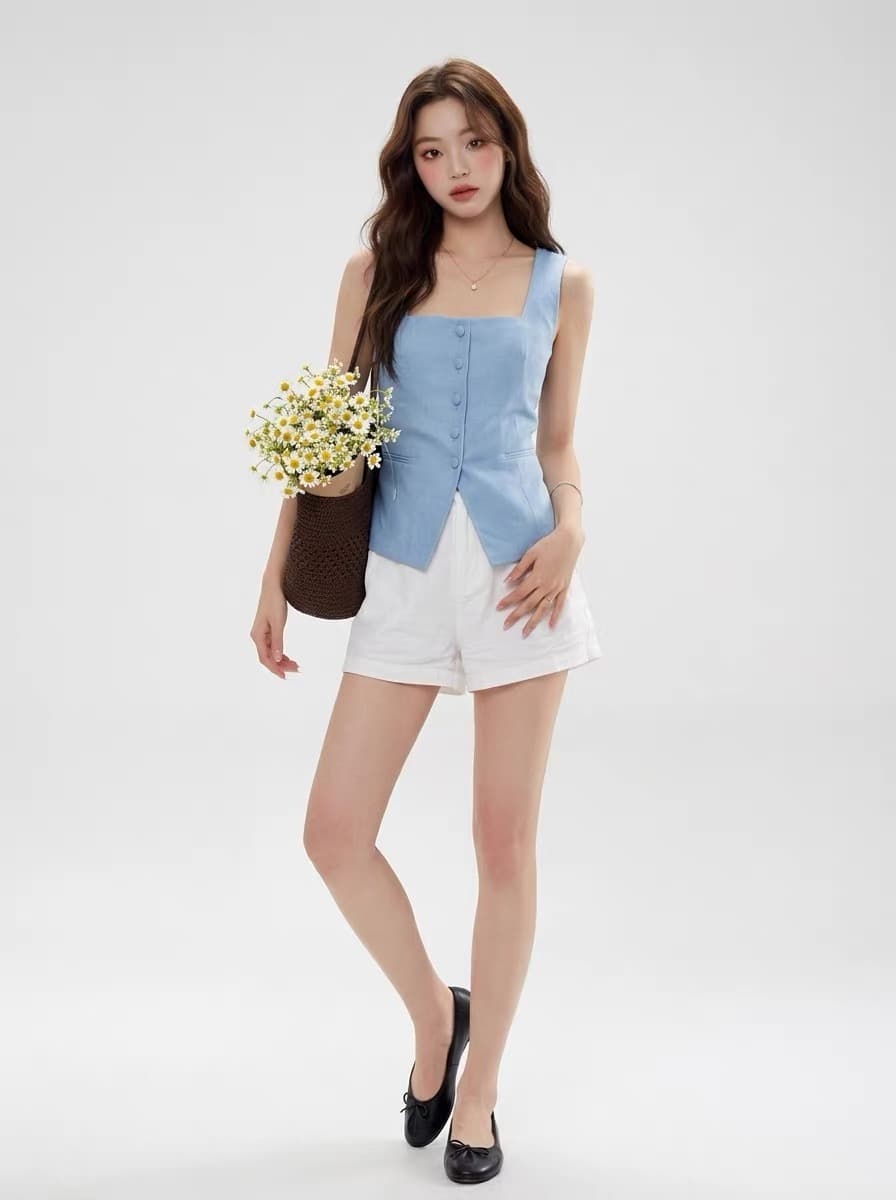 x rose 명문 여성 빛 럭셔리 고급 센스 파란색 정장 베스트 조끼 작은 대중 오프숄더 광장 칼라 단추 맨위 여성 상세 이미지 15