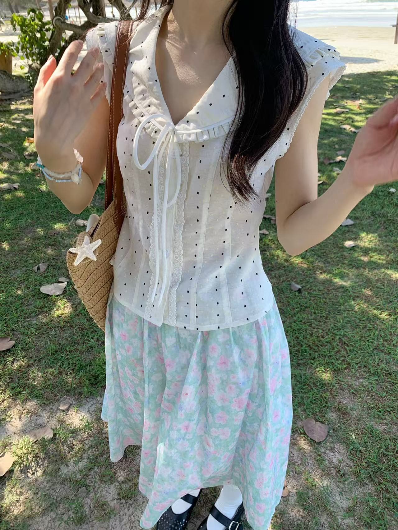 바나나 이륙하다 잃어버린 직접 만든 도트 무늬 해군 칼라 민소매 셔츠 일본식 달콤함 레이스 나비 매듭 소녀 반팔