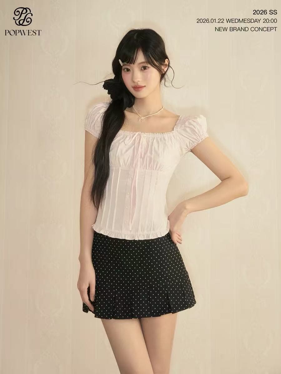 popwest 丨 홀로우 아웃 광장 칼라 오프숄더 거품 소매 작은 셔츠 나비 매듭 레이스 셔츠 여성 셔츠 상세 이미지 2