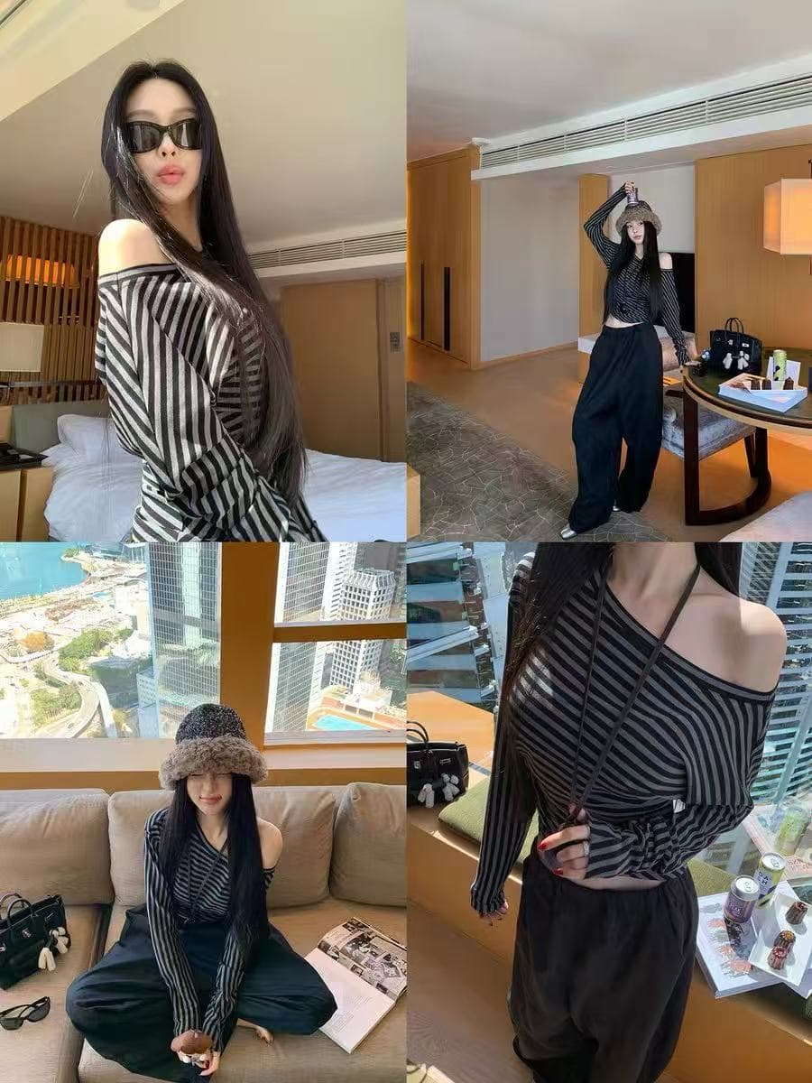 fbblimit 종이 맨 데이 실크 혼방 불규칙 오프숄더 긴팔 티셔츠 느긋한 다용도 슬림해 보이는 맨위 이미지 2