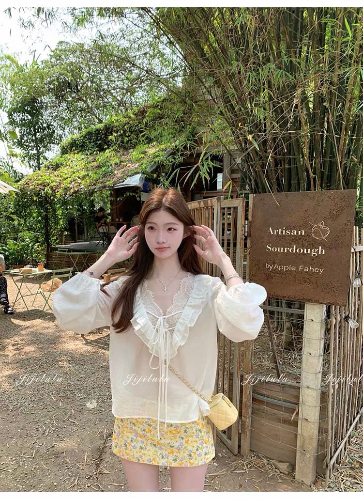 jijilulu 활성 루 3.27 20 점 다중 레이어 펌프 Pleat 레이스 여성 셔츠 여름 V넥 레이스 얇은 작은 셔츠