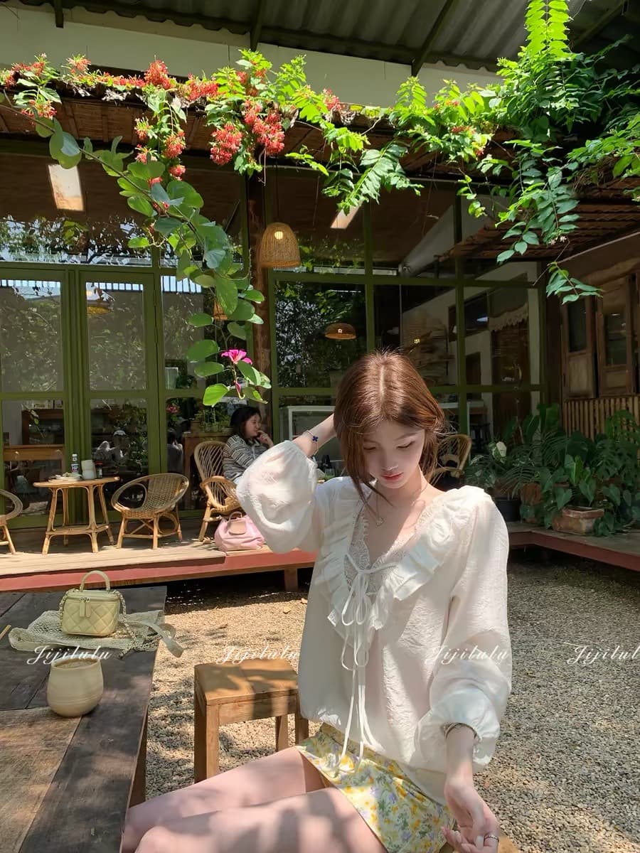 jijilulu 활성 루 3.27 20 점 다중 레이어 펌프 Pleat 레이스 여성 셔츠 여름 V넥 레이스 얇은 작은 셔츠 상세 이미지 6