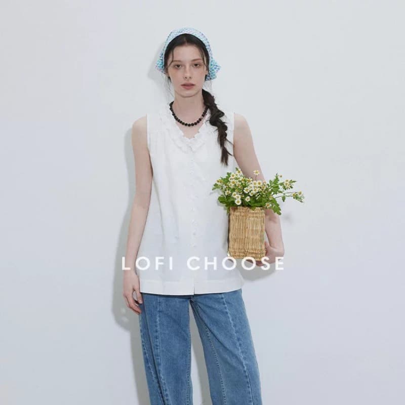 lofi choose 디자인 센스 V넥 레이스 순면 민소매 여성 셔츠 여름 새로운 고급 센스 루즈핏 맨위 이미지 5