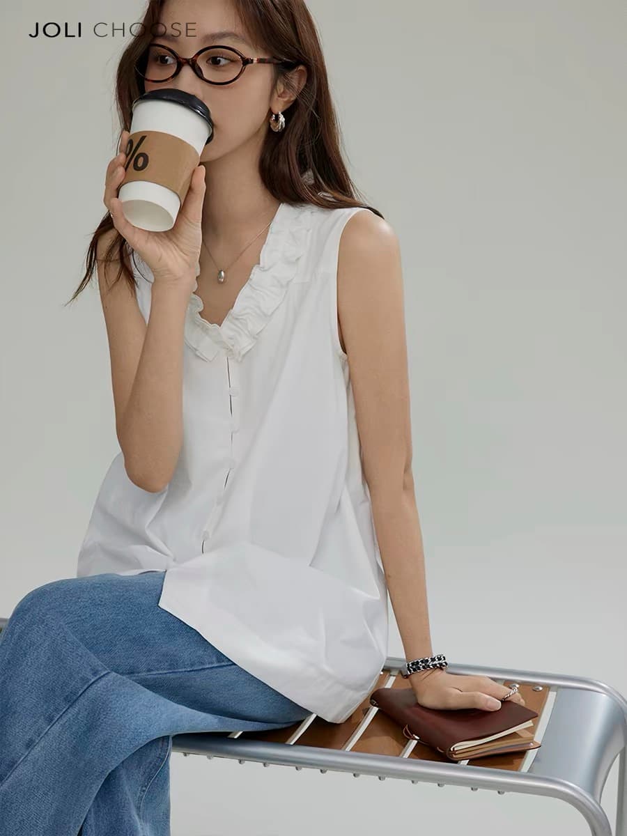 joli choosev 칼라 레이스 순면 민소매 여성 셔츠 여름 새로운 디자인 센스 고급 센스 루즈핏 맨위 이미지 4