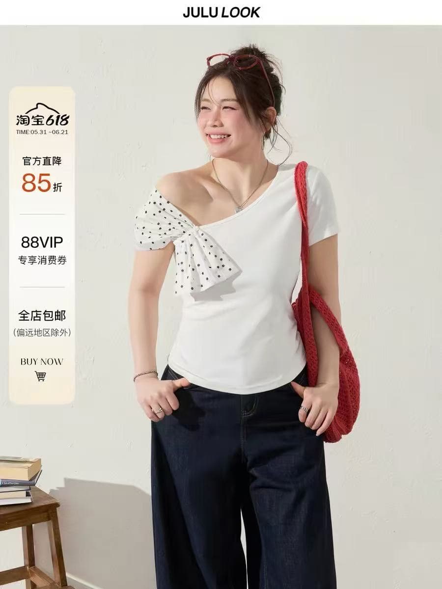 줄루어 스튜디오 달콤한 아니요 기름진 마이크로 지방 mm 몸매 가꾸기 디자인 센스 나비 매듭 비스듬한 어깨 반팔 t 빅 사이즈 맨위 상세 이미지 5