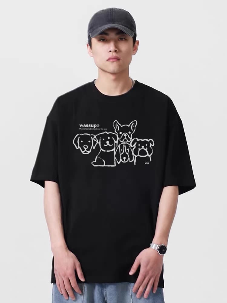 pso brand 남성 의류 여성 의류 순면 라인 낙서 강아지 남성 반팔 티셔츠 커플룩 반소매 맨위 여름 상세 이미지 9