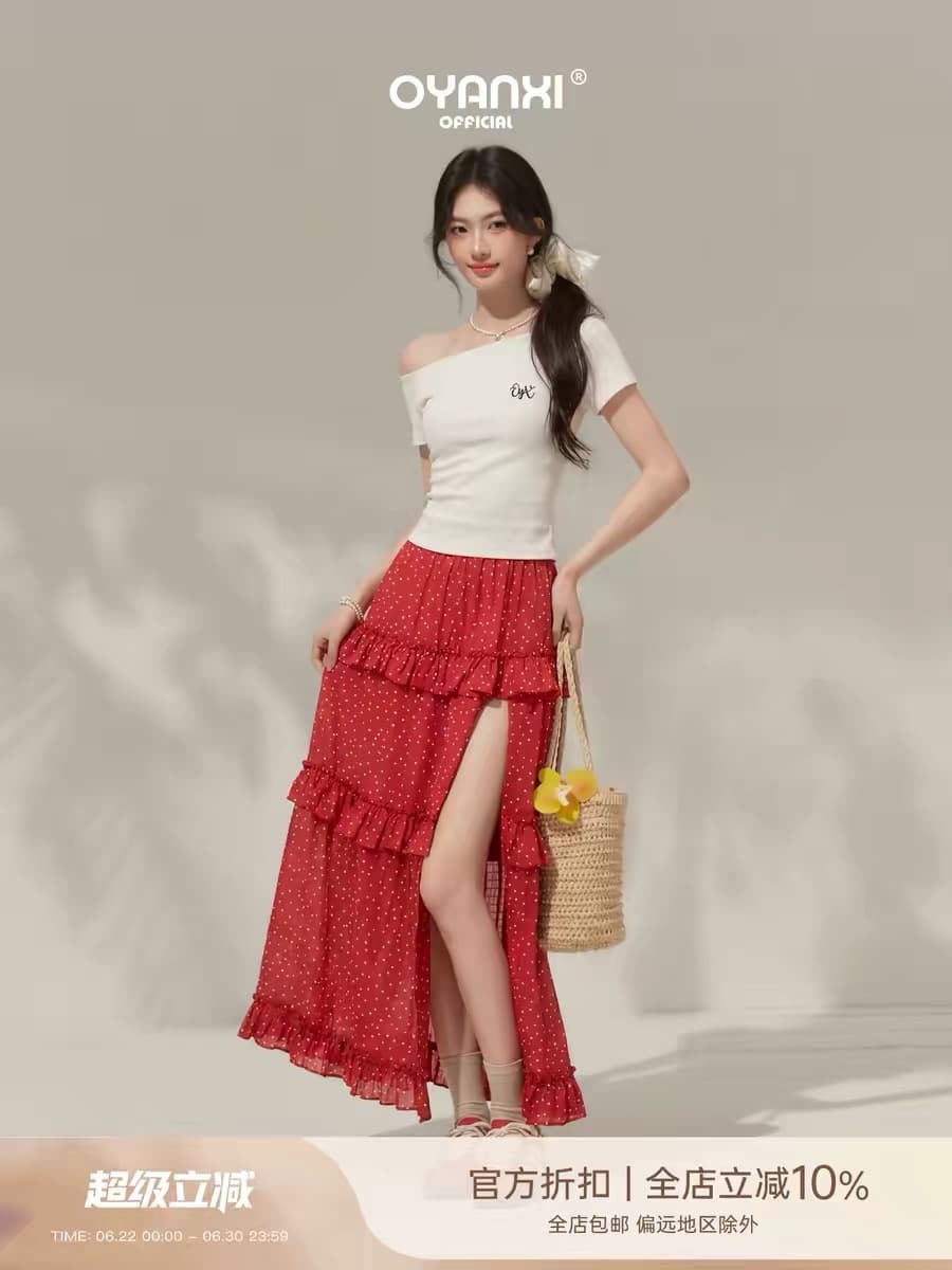 Ouyang 안녕하세요. 도파민 뜨거운 여름 빨간색 불규칙 도트 무늬 반신 스커트 하이웨이스트 트임 슬림해 보이는 케이크 롱 스커트