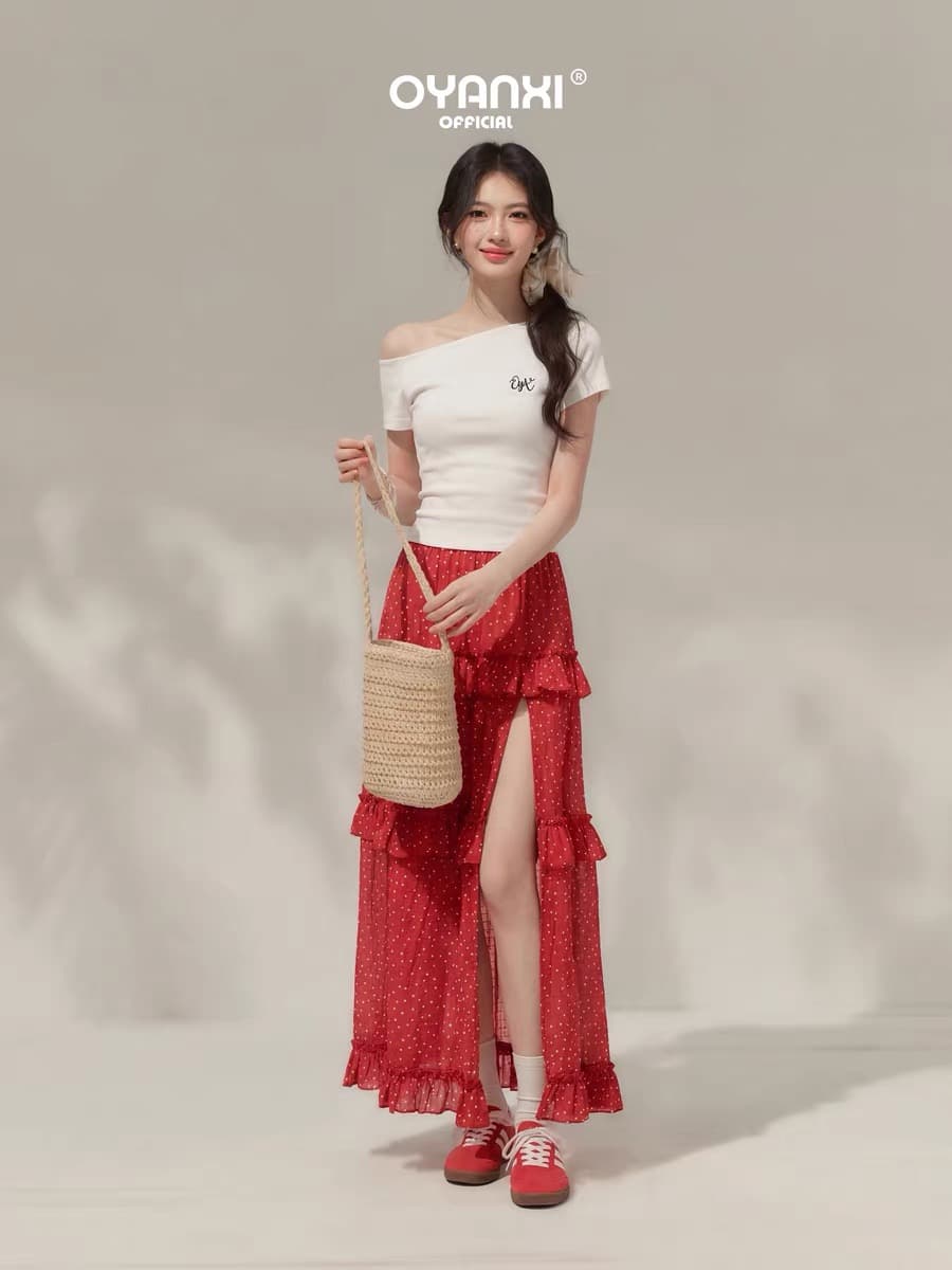 Ouyang 안녕하세요. 도파민 뜨거운 여름 빨간색 불규칙 도트 무늬 반신 스커트 하이웨이스트 트임 슬림해 보이는 케이크 롱 스커트 이미지 3