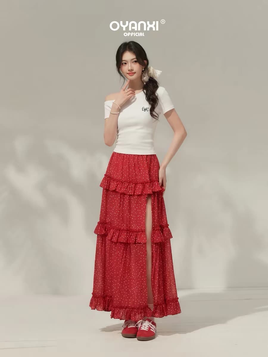 Ouyang 안녕하세요. 도파민 뜨거운 여름 빨간색 불규칙 도트 무늬 반신 스커트 하이웨이스트 트임 슬림해 보이는 케이크 롱 스커트 이미지 4