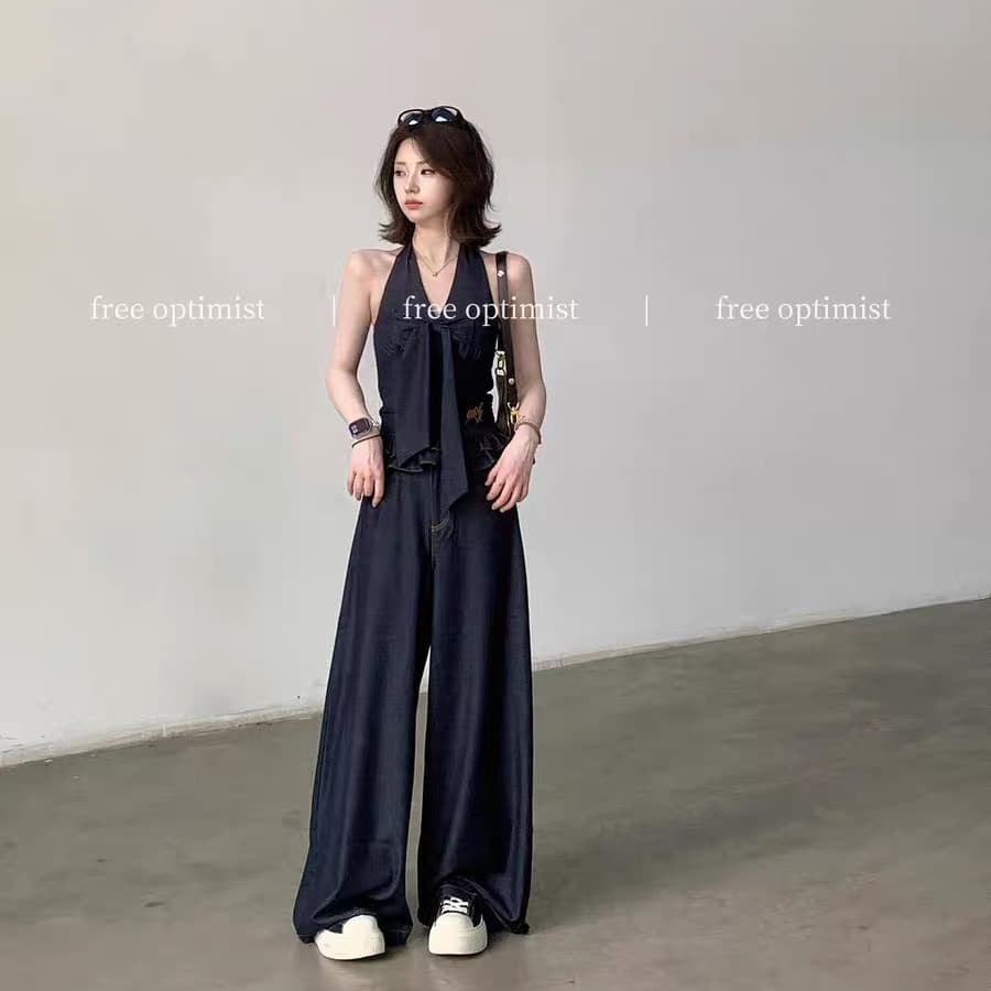 free optimist 행침 목 나비 매듭 데님 세트 2025 여름 새로운 맨위 와이드 레그 팬츠 투피스 세트