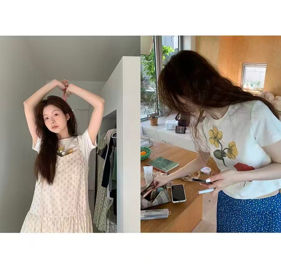 hellooo eat 한국 스타일 꽃 프린트 쇼트 스타일 티셔츠 2026 여름 얇은 스타일 다용도 라운드 넥 반팔 맨위 이미지 4