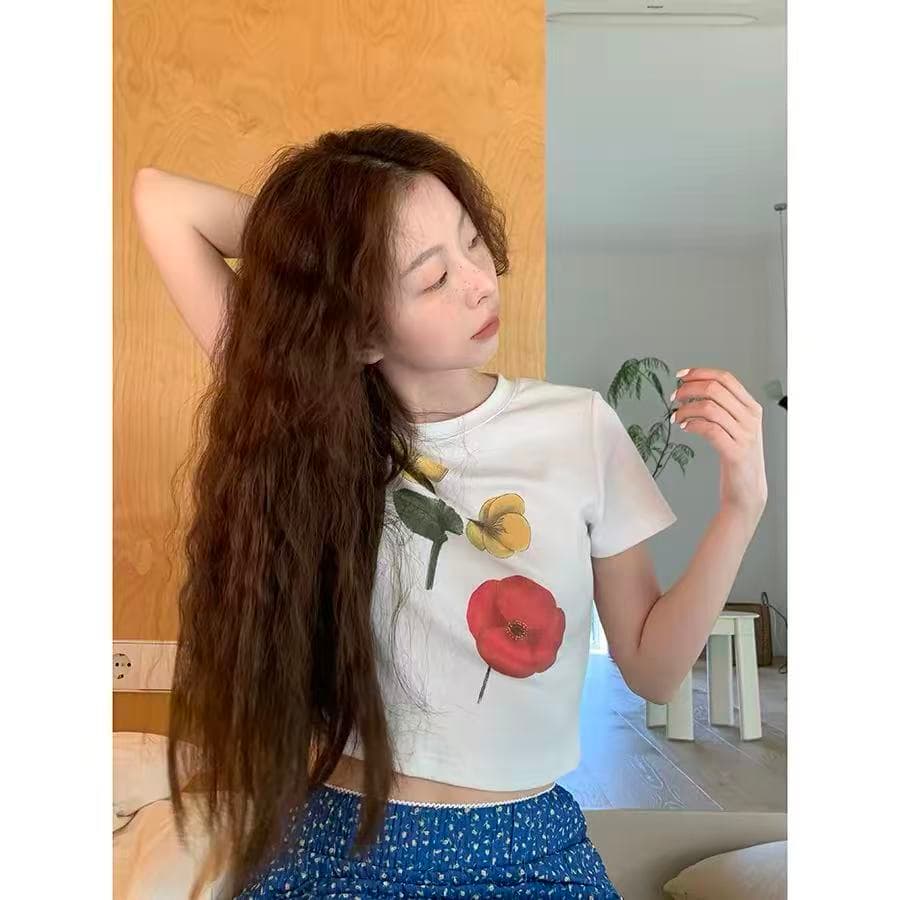 hellooo eat 한국 스타일 꽃 프린트 쇼트 스타일 티셔츠 2026 여름 얇은 스타일 다용도 라운드 넥 반팔 맨위 상세 이미지 4