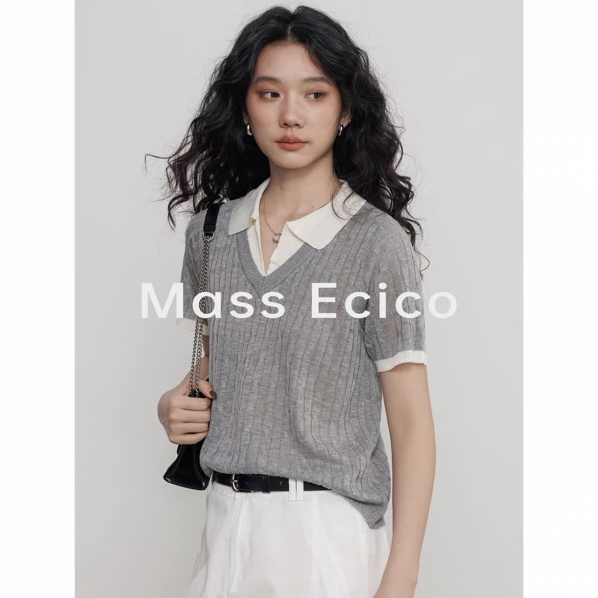 mass ecico 여름 화이트 POLO 칼라 반팔 니트 스웨터 여성 26 새로운 페이크 레이어드 출퇴근 폴로 칼라 맨위 이미지 3