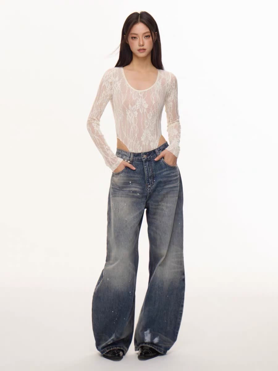 nova basics 아메리칸 레트로 높음 거리 워싱 먹물 모통이 칼 청바지 남녀 마 오래된 루즈핏 와이드 레그 팬츠 상세 이미지 3
