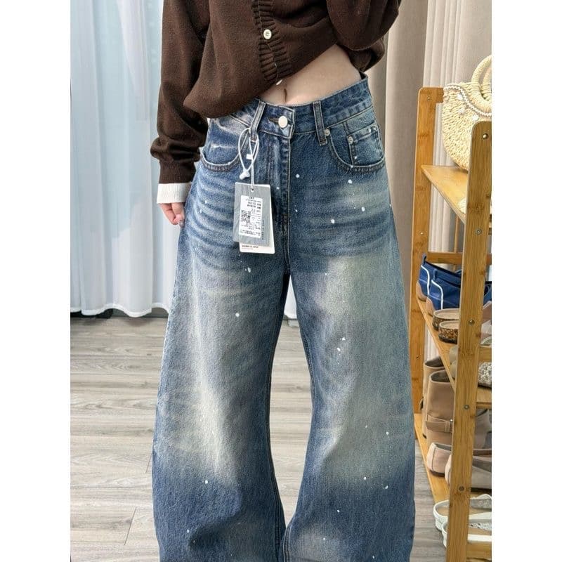 nova basics 아메리칸 레트로 높음 거리 워싱 먹물 모통이 칼 청바지 남녀 마 오래된 루즈핏 와이드 레그 팬츠 상세 이미지 7