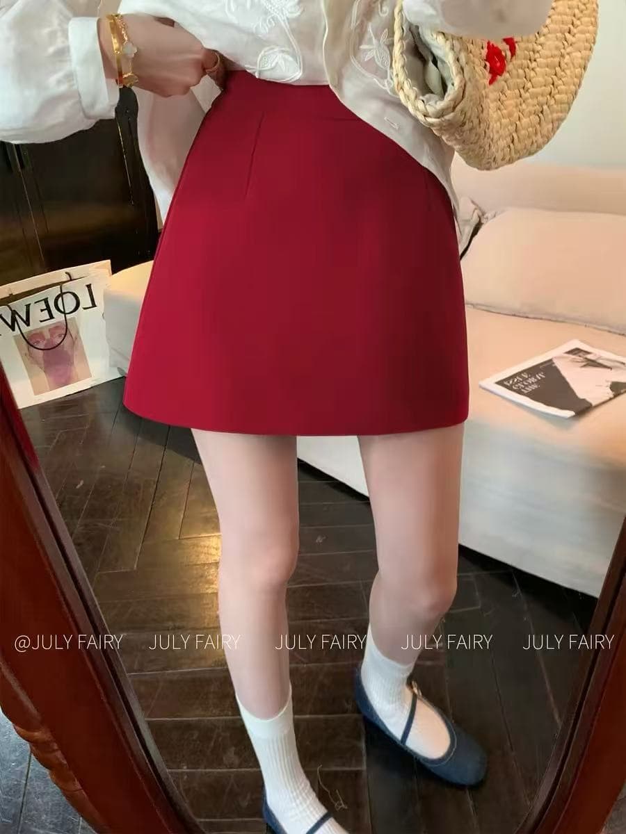 낭만주의 정지 miu 부서 착용 가져 가라. 빨간색 반신 스커트 작은 키 하이웨이스트 다용도 슬림해 보이는