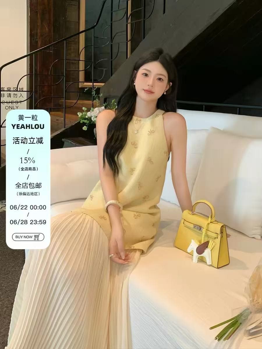 황색 곡물 1 종 yeahlou 무거운 작업 나비 매듭 비즈 박기 작은 샤넬 스타일 페이크 레이어드 여성 드레스 여름 민소매 치마 상세 이미지 4