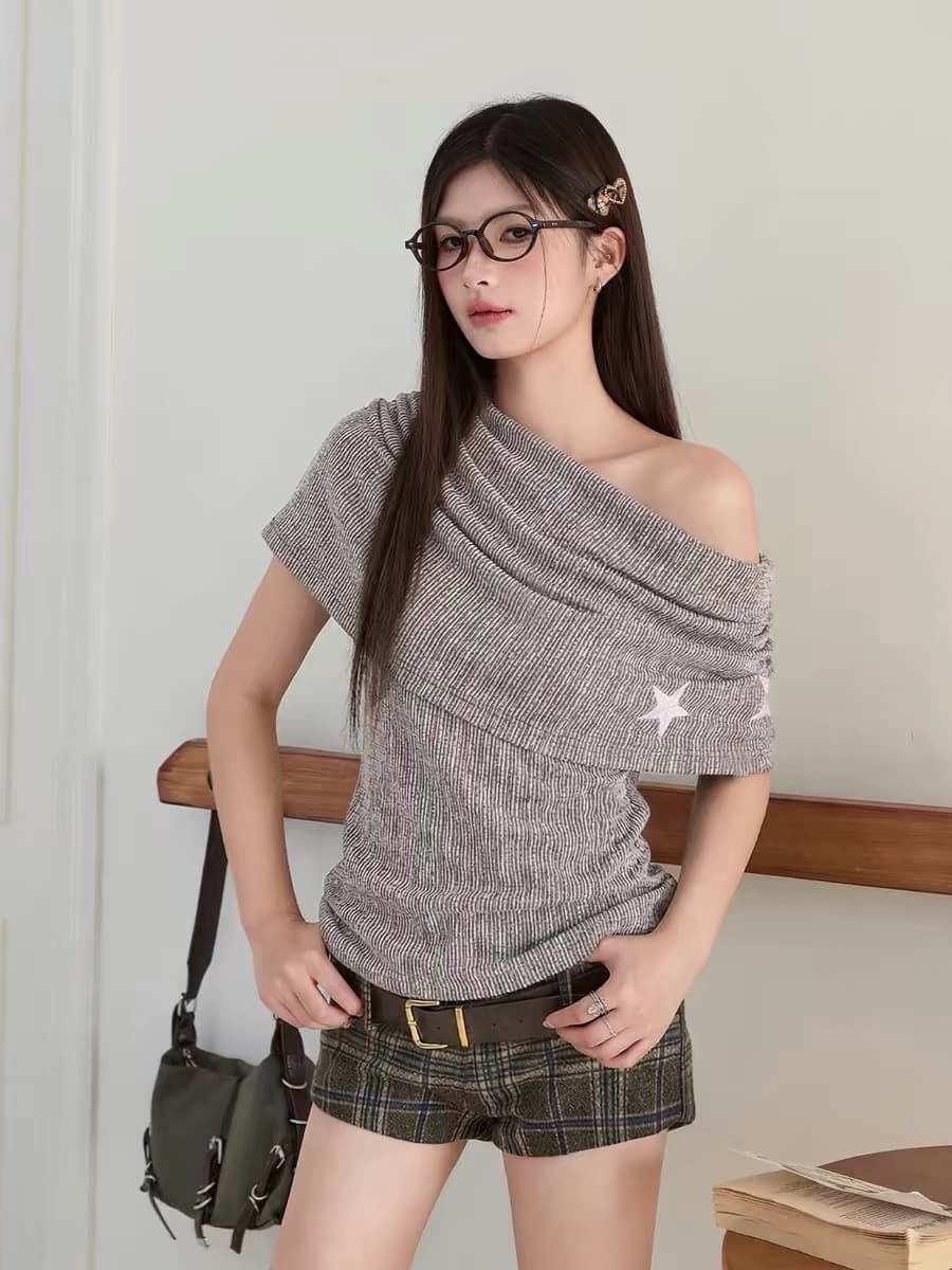 moxiuyi st 디자인 핫걸 체크무늬 더블 가죽 벨트 패치워크 몸매 가꾸기 캐주얼 로우 웨이스트 반바지 여성 이미지 2