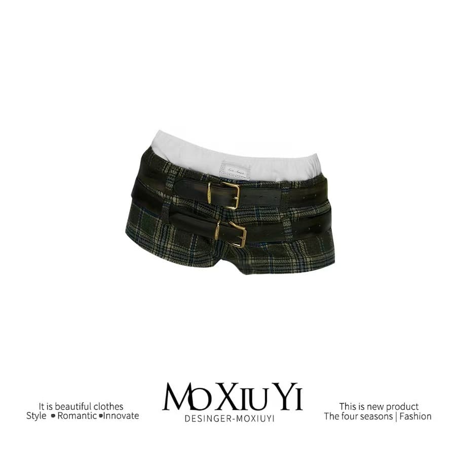 moxiuyi st 디자인 핫걸 체크무늬 더블 가죽 벨트 패치워크 몸매 가꾸기 캐주얼 로우 웨이스트 반바지 여성