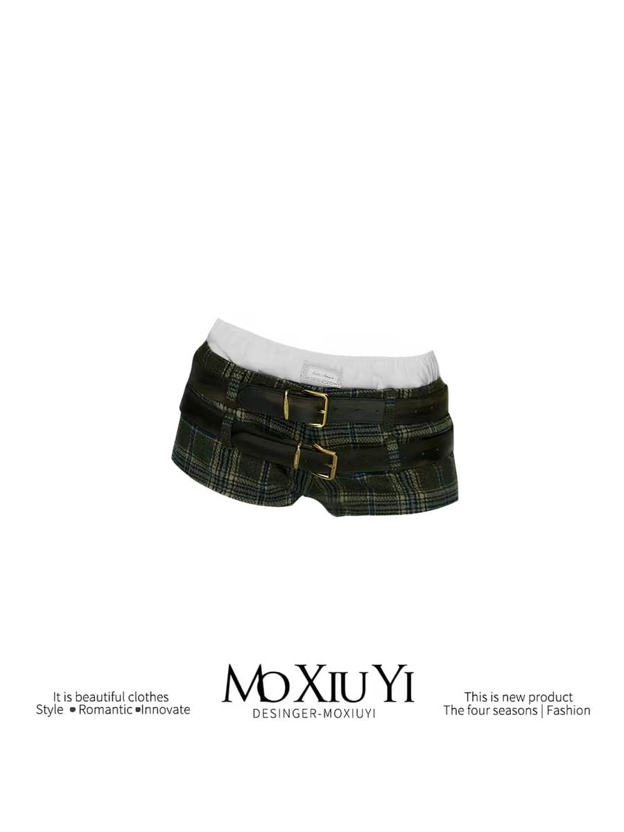 moxiuyi st 디자인 핫걸 체크무늬 더블 가죽 벨트 패치워크 몸매 가꾸기 캐주얼 로우 웨이스트 반바지 여성 상세 이미지 1