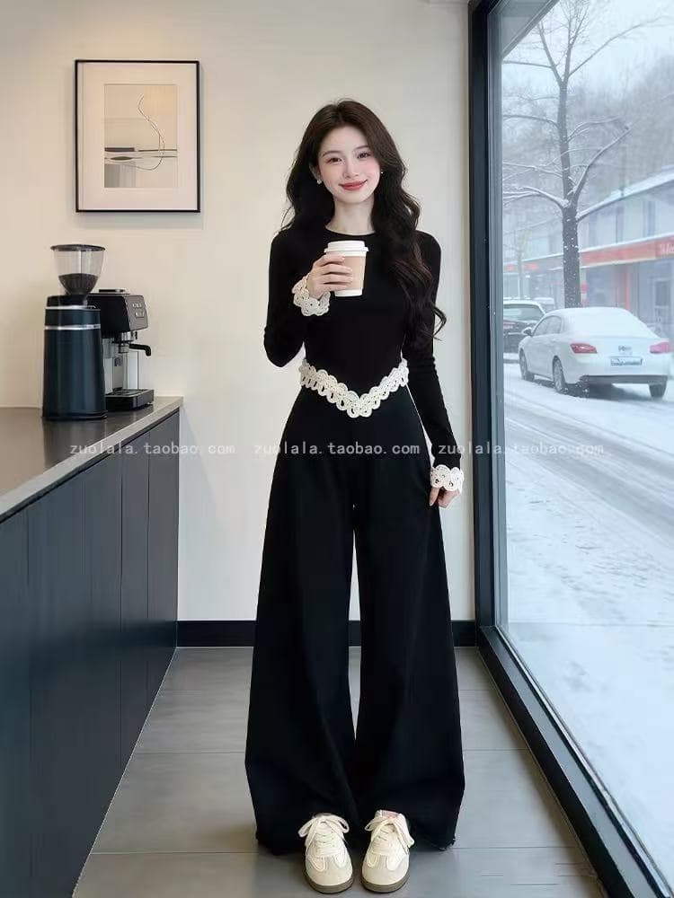 레이스 레이스 패치워크 긴팔 티셔츠 디자인 센스 작은 대중 벨벳 가을 겨울 새로운 프랑스식 레트로 맨위 여성 상세 이미지 3