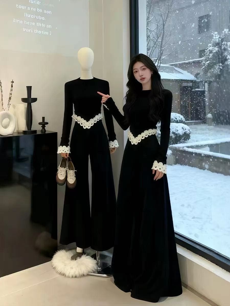 레이스 레이스 패치워크 긴팔 티셔츠 디자인 센스 작은 대중 벨벳 가을 겨울 새로운 프랑스식 레트로 맨위 여성 상세 이미지 7