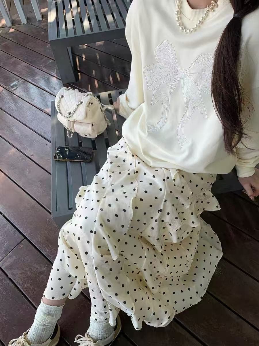 여름 홈 하이웨이스트 새틴 장미 어둠 곡물 디자인 센스 프랑스식 도트 무늬 불규칙 프릴 하프 길이 치마 상세 이미지 1