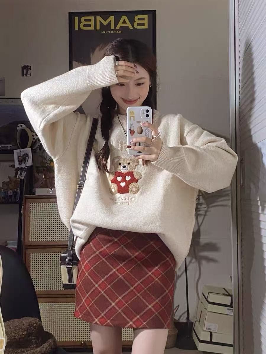 jamuus 레트로 빨간색 체크무늬 모직 미니 스커트 여성 가을 겨울 새로운 학원 스타일 하이웨이스트 슬림해 보이는 한 마디 반신 스커트 상세 이미지 2