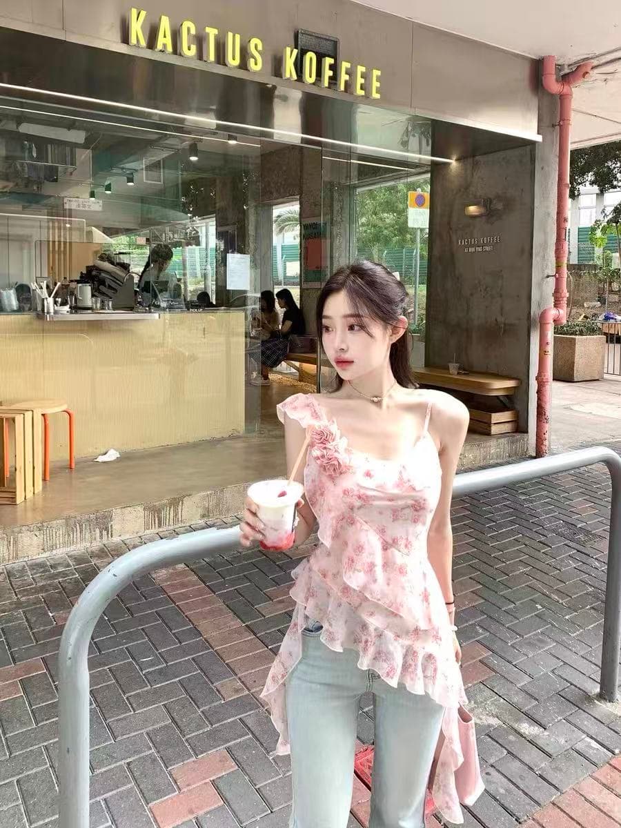 초기 꿈 pokemeng 열매 甜酒 불규칙 꽃무늬 핫걸 리본 프릴 슬립 맨위 달콤함 여름 이미지 4