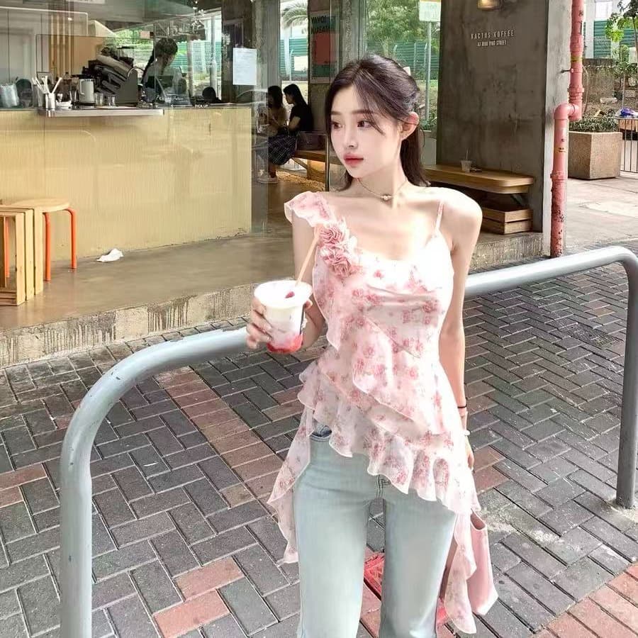 초기 꿈 pokemeng 열매 甜酒 불규칙 꽃무늬 핫걸 리본 프릴 슬립 맨위 달콤함 여름 이미지 5