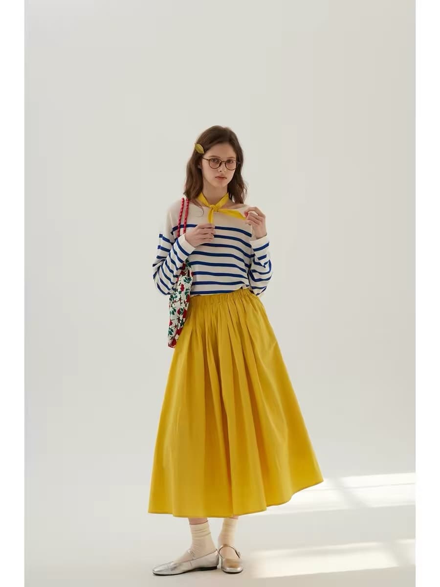 sullenger 26 봄 가을 명 황색 반신 스커트 신강 길다 플러시 면 밴딩 Pleat 턱 큰 진자 우산 치마 플리츠 스커트
