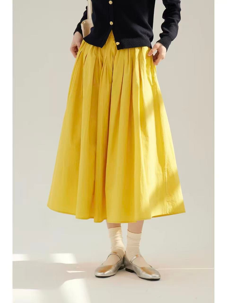 sullenger 26 봄 가을 명 황색 반신 스커트 신강 길다 플러시 면 밴딩 Pleat 턱 큰 진자 우산 치마 플리츠 스커트 상세 이미지 1