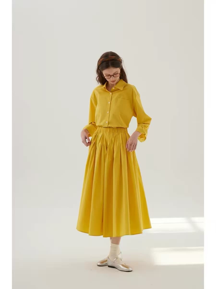 sullenger 26 봄 가을 명 황색 반신 스커트 신강 길다 플러시 면 밴딩 Pleat 턱 큰 진자 우산 치마 플리츠 스커트 상세 이미지 4