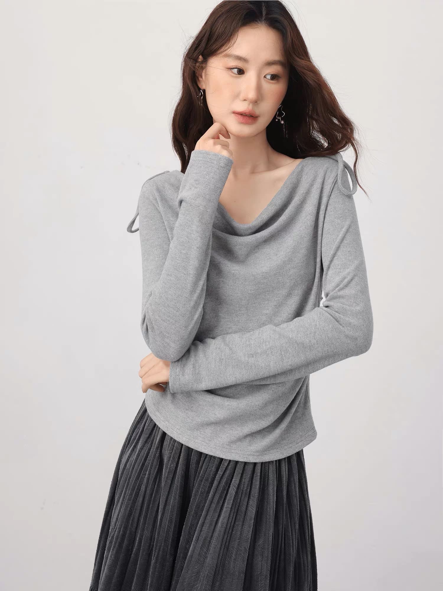 사랑 장미 빅 사이즈 긴팔 티셔츠 여성 긍정적 인 어깨 기본 셔츠 인사이드 가져 가라. 디자인 센스 지방 mm 봄 회색 흔들다 칼라 맨위 상세 이미지 5